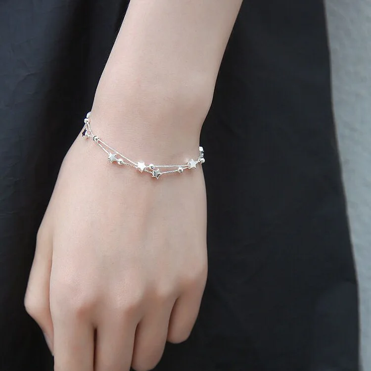 925 Sterling Silver Bead Chain Bracelets For Women Korean Sweet Double Layer Beautiful Stars Bracelets Original Jewelry Gifts preview-4