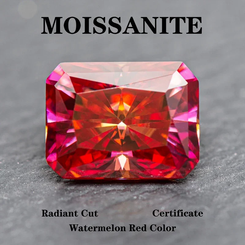 Moissanite Stone Radiant Cut Watermelon Red Color Charms Gemstone DIY Advanced Jewelry Rings Earrings Making  with Certificate-animated-img