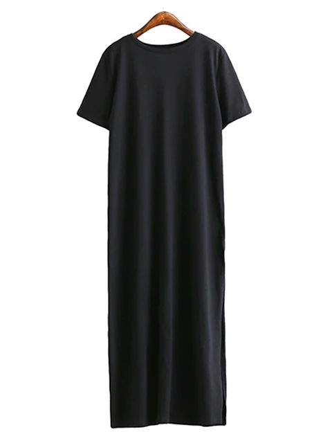 Maxi Long T Shirt Dress Women 2023 Summer Festive Elegant Cotton Black Black Short Sleeve Casual Dresses Split Skirt-animated-img