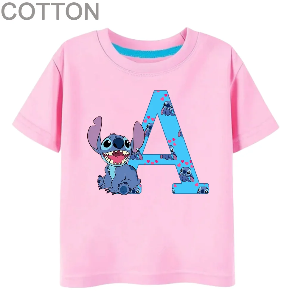 Stitch Letter ABC Cotton Children T-Shirt Name Combination Tee Shirts Cartoons Kawaii Kid Casual Clothes Girl Boy Harajuku Tops-animated-img