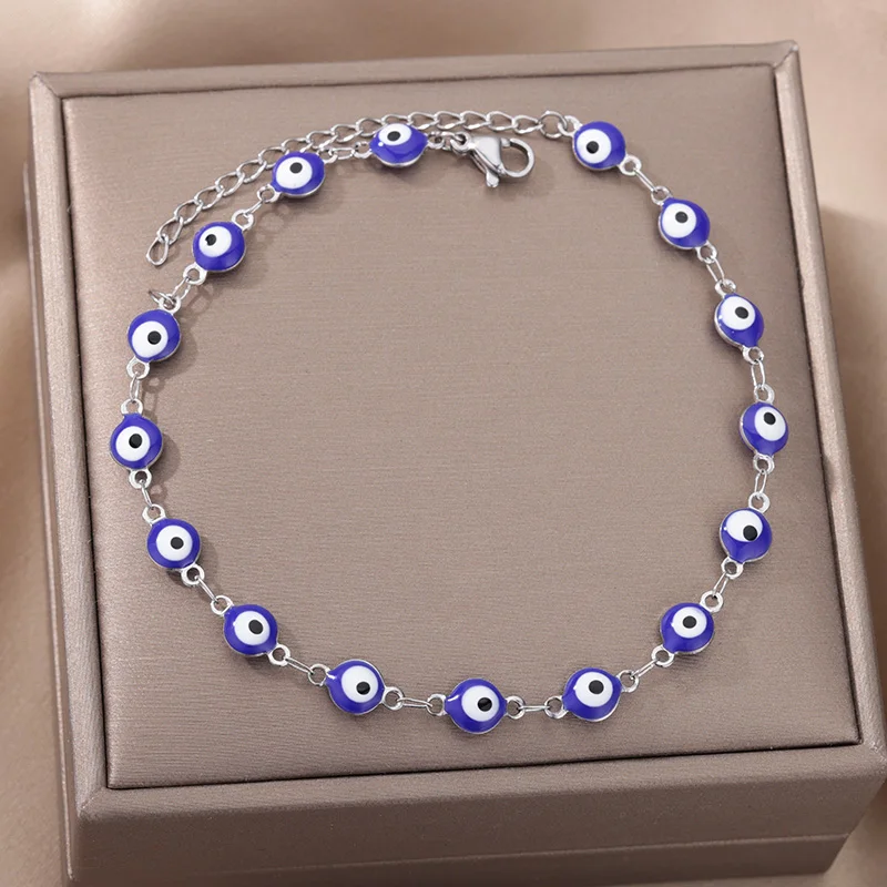 Stainless Steel Evil Eye Anklets For Women Enamel Round Leg Chain Blue Evil Eye Anklets Bracelet Summer Beach Foot Jewelry Gift-animated-img