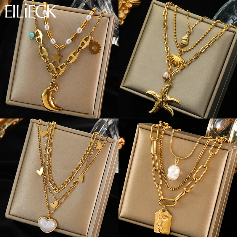 EILIECK 316L Stainless Steel Moon Starfish Heart Portraits Pendant Necklace For Women Fashion Multilayer Neck Chain Jewelry Gift-animated-img