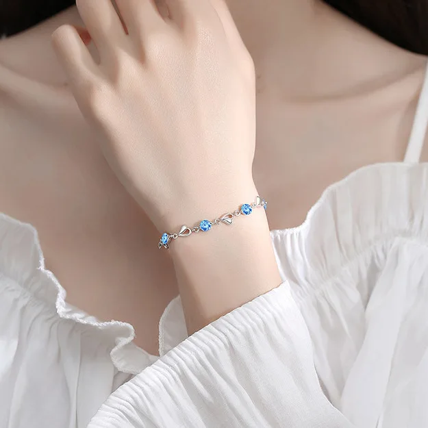 925 Sterling Silver Bracelet For Women Retro Korean Heart Shaped Charm Bracelets Original Bling Blue Crystal Jewelry Party Gifts-animated-img