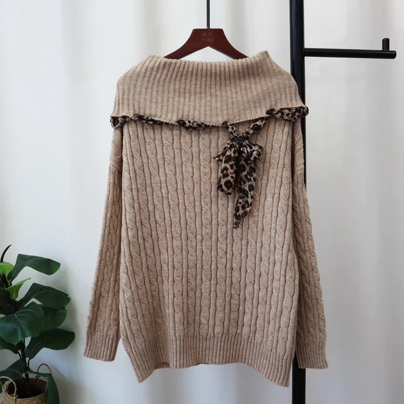 Korean Style Sexy Off Shoulder Sweater Women Long Sleeve Knitted Pullover Lace Up Knitwear Leopard Y2K Oversized Tops  C-001-animated-img