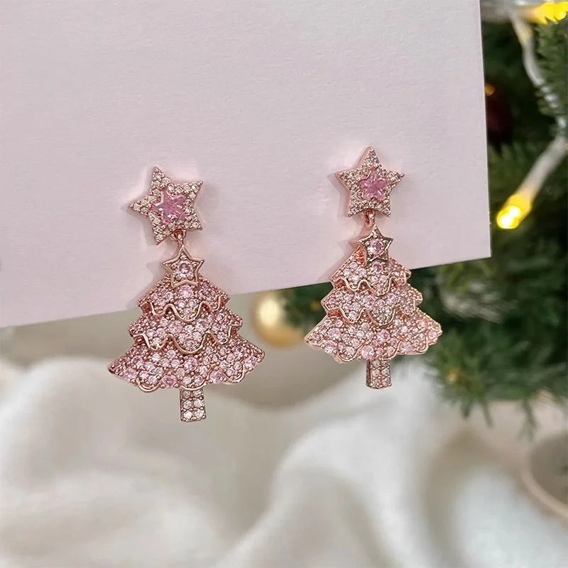 Pink Sparkling Zircon Christmas Tree Earrings For Women Full Rhinestone Xmas Tree Dangle Earring Girls Holiday Versatile Jewelry-animated-img