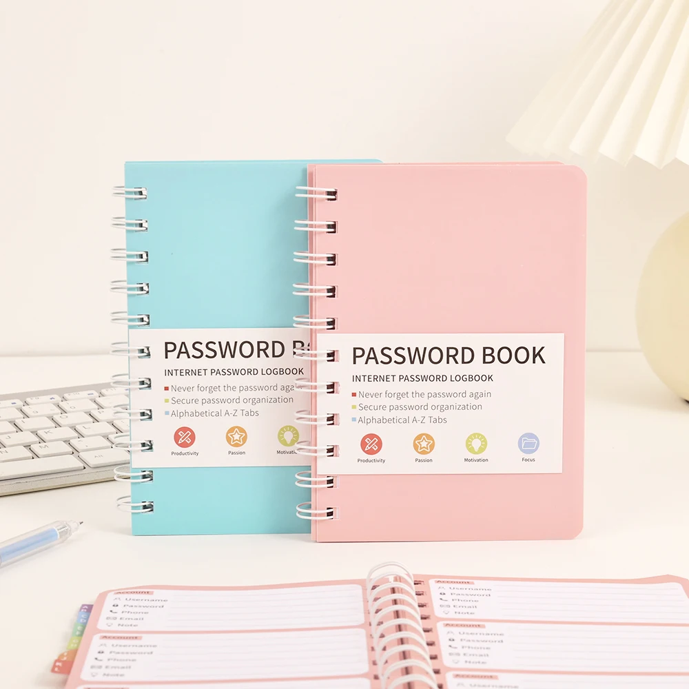 65 sheets Simple PVC Hardcover Coil Password Book Advanced Address Password Manager With Label Stickers For Home School Office-animated-img