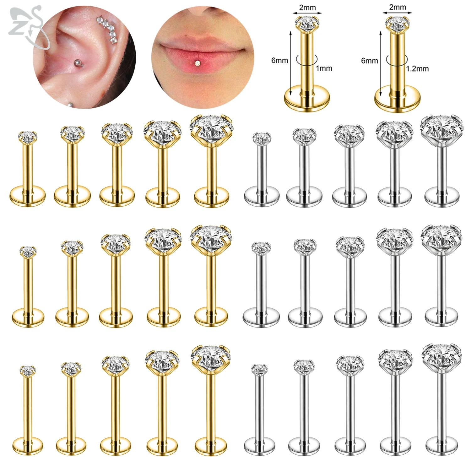 AOEDEJ 10Pcs/Lot Gold Color 16/18G Stainless Steel Labret Lip Stud Set 2/3/4/5/6MM CZ Crystal Helix Cartilage Tragus Piercings-animated-img