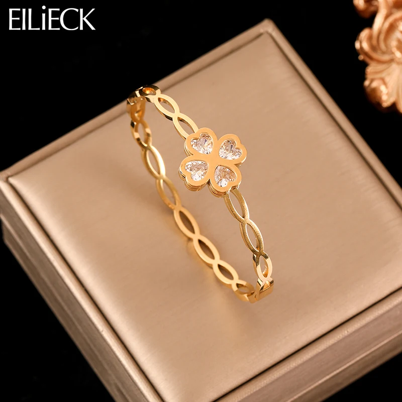 EILIECK 316L Stainless Steel Clover White Zirconia Bangle Bracelet For Women Trendy Waterproof Jewelry Gift Party pulseras mujer-animated-img