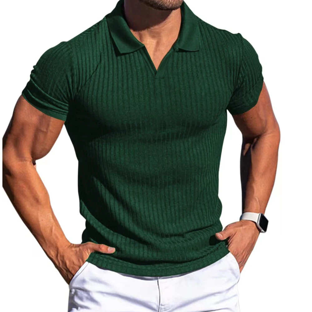 Men Turn Down Collar Short Sleeve Slim T-shirts Summer Male Solid Knitted Tee Tops LXDZ-KJ-P6-V-animated-img