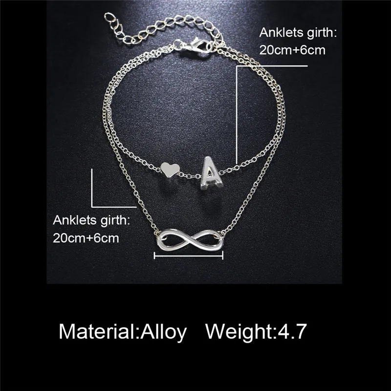 Boho Initial Anklet Heart Infinity Silver Color Ankle Bracelet on Leg Chain 26 Letter Anklets For Women Ankle Beach Foot Jewelry-animated-img