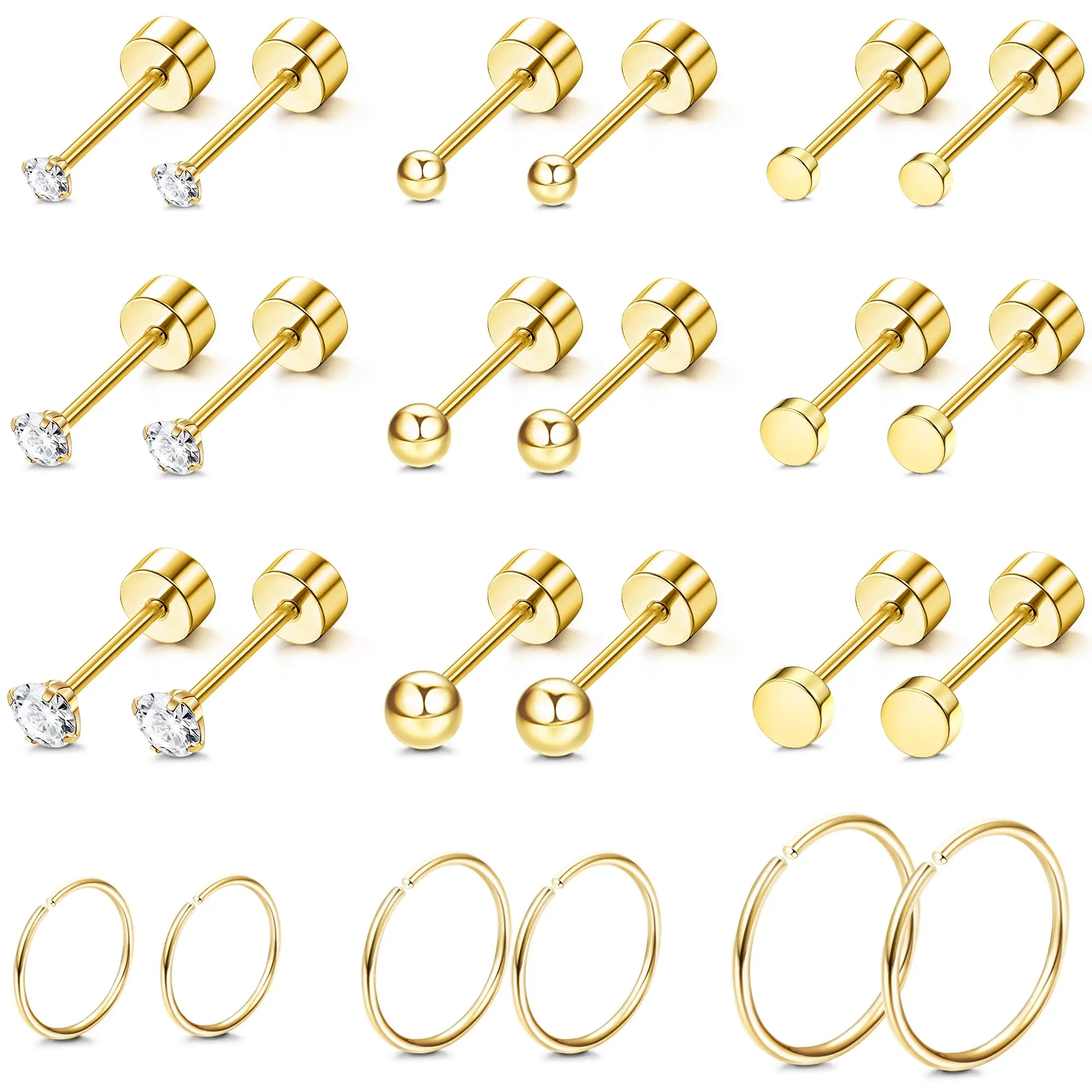 1 Pair Gold Stainless Steel Tiny CZ Ball Flat Back Stud Earring Multiple Piercing Cartilage Hoop Earrings for Women Men-animated-img