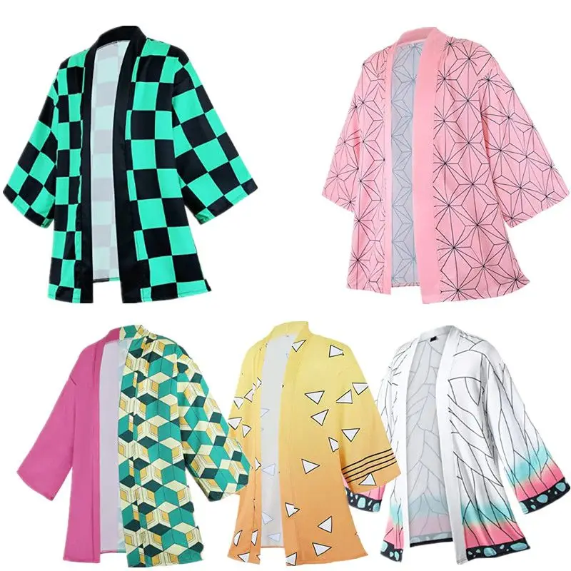 Anime Character Kamade Zezeko Pink Women's Kimono Cardigan Summer Kamado Tanjirou Green Black Checkered Men Japanese Haori Coat-animated-img