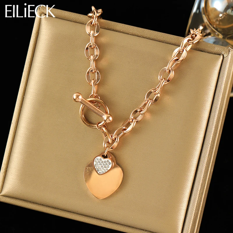 EILIECK 316L Stainless Steel Rose Gold Color Double Heart Pendant Necklace For Women Fashion Waterproof Neck Chain Jewelry Gift-animated-img