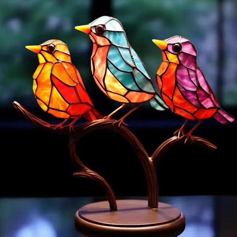 1/2/3Pcs Stained Acrylic Birds on Branch Desktop Ornaments Double Sided Multicolor Birds Craft Statue Home Decoration-animated-img