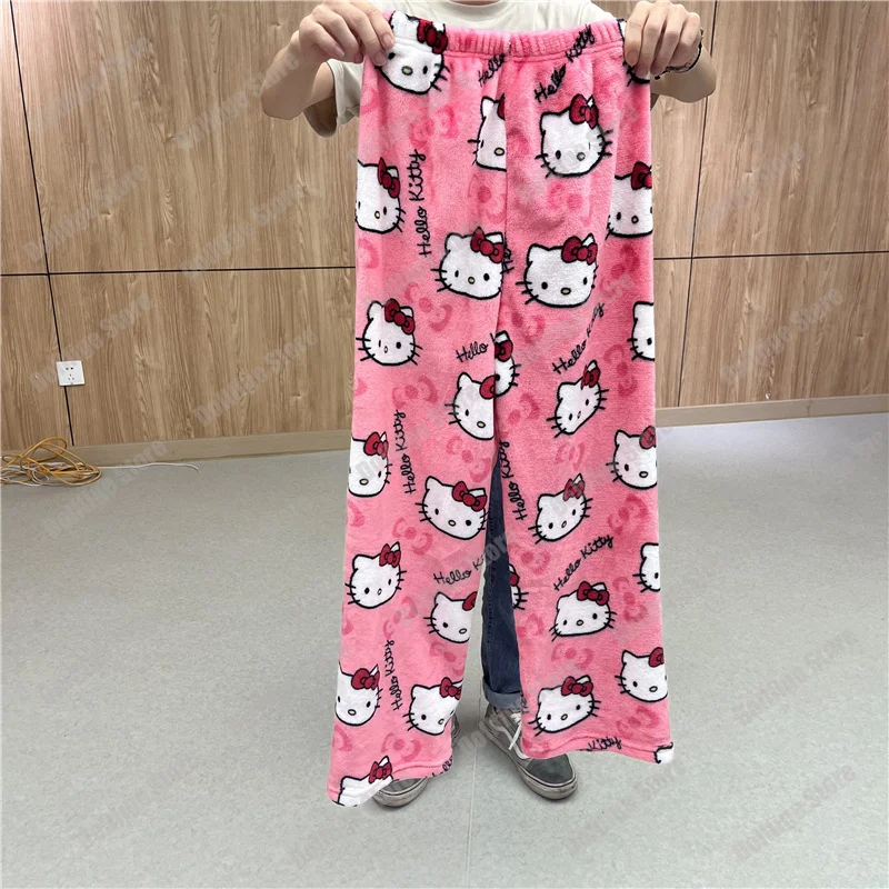 Halloween Sanrio Hello Kitty Pantalon de pyjama femme tendance  automne/hiver Nightwear Flanelle Sleepwear Kawaii Pantalon en peluche  décontracté