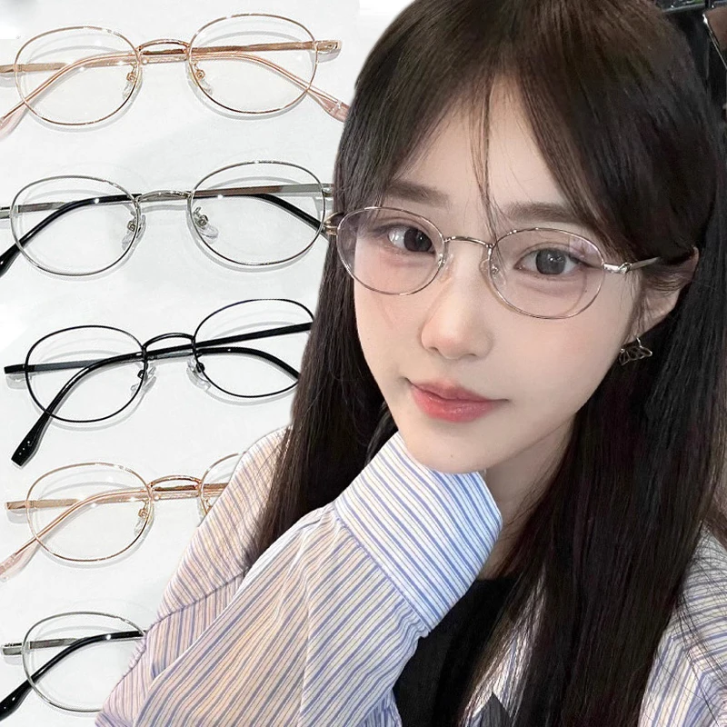 Harajuku Metal Round Oval Frame Glasses Y2K Women's Retro Small Glasses Japanese Glass Eyewear Decorative Anti-blue Eyeglasses-animated-img