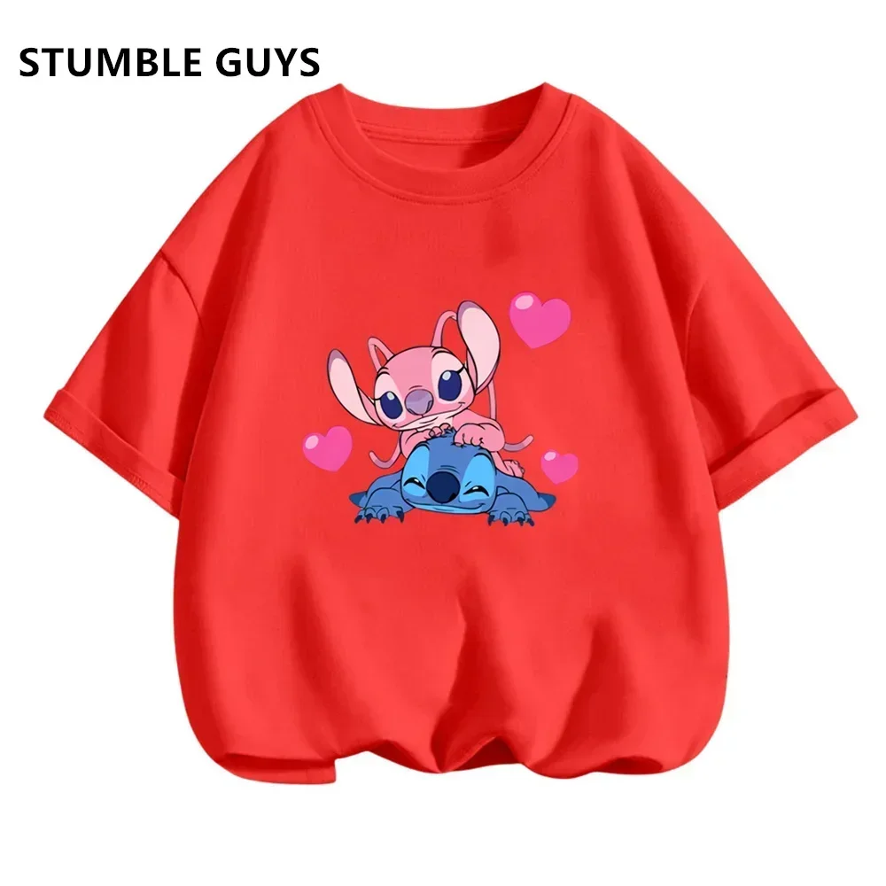 2024 Summer New Kawaii Stitch Trucksuit Couple T Shirt Girls Short Sleeve Boy Tee Shirt Kids Clothes T-shirt Baby Tops-animated-img