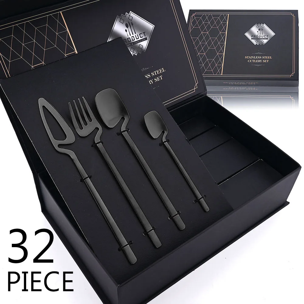 32pcs Black Matte Cutlery Set 304 Stainless Steel Dinnerware Set Knife Fork Spoon Dinner Set Bar Party Kitchen Tableware Gift-animated-img