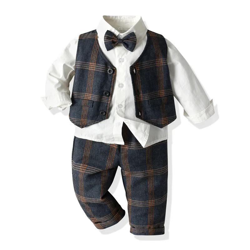 2024 Mother Kids Clothing Men Plaid Vest Set Children Gentleman Dress Kids Boutique Clothes Toddler Boy Clothes 아동 상하복 세트 Ropa-animated-img
