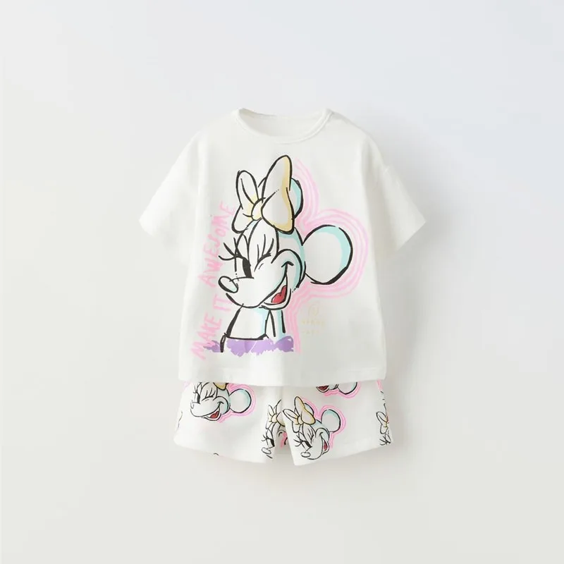 Lovely Minnie Mouse Girls Short Sleeved Suit 2024 New Summer Clothing Cartoon Printed Loose Fashion T-shirt Shorts 2 Piece Set-animated-img