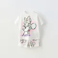 Lovely Minnie Mouse Girls Short Sleeved Suit 2024 New Summer Clothing Cartoon Printed Loose Fashion T-shirt Shorts 2 Piece Set
