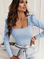 T Shirt For Women Knitted Long Sleeve Tops Pink Pulovers Square Collar Pearl Shirts & Blouses Winter Youthful Woman Clothes 2023 preview-2