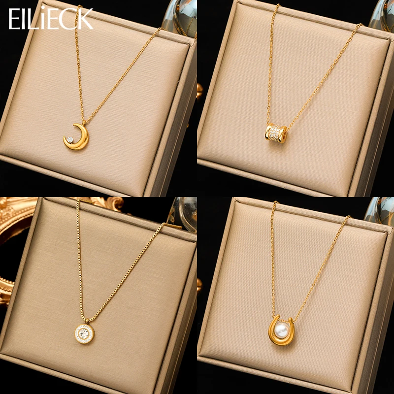 EILIECK 316L Stainless Steel Moon Pearl Zircon Puppy Pendant Necklace For Women Girl New Fashion Neck Chain Jewelry Gift Bijoux-animated-img