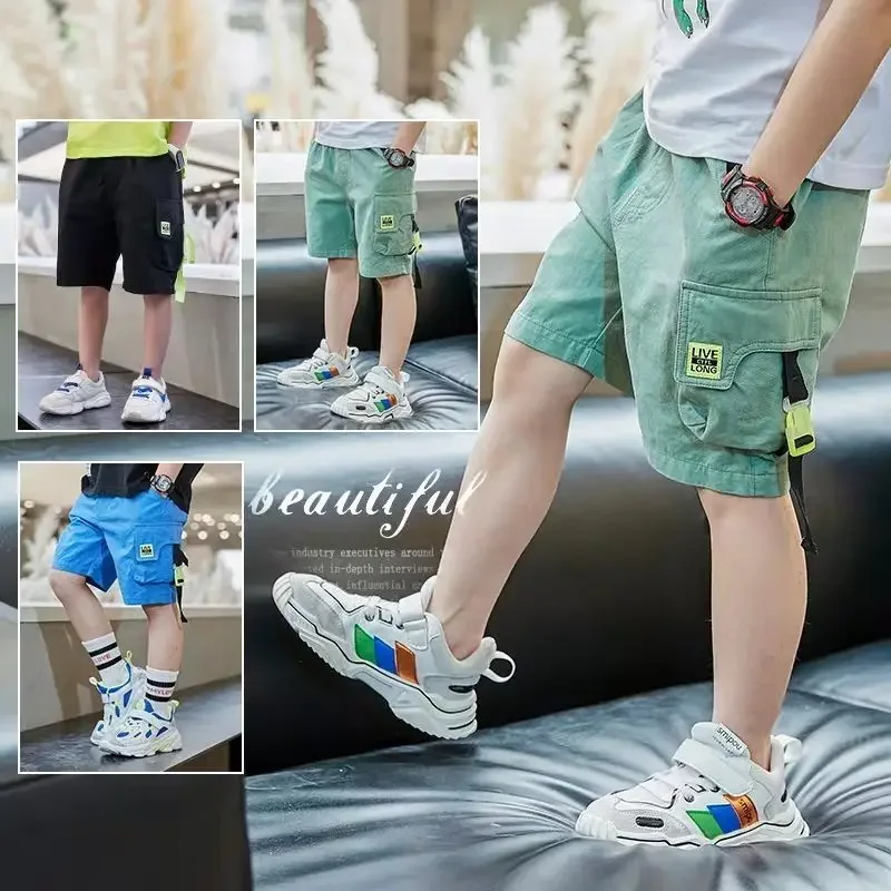 Boys Shorts Summer Loose Pants Teenage Trouser Pocket Shorts Kids Casual Cargo Short Pants Children's Elastic Waist Cotton Pants-animated-img