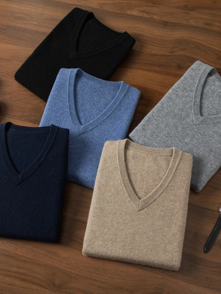 Warm Knitwear Vest 100% Pure Cashmere Vest Spring Autumn Pullover Men's V-neck Sleeveless Business Sweater Pure Color Clothing-animated-img