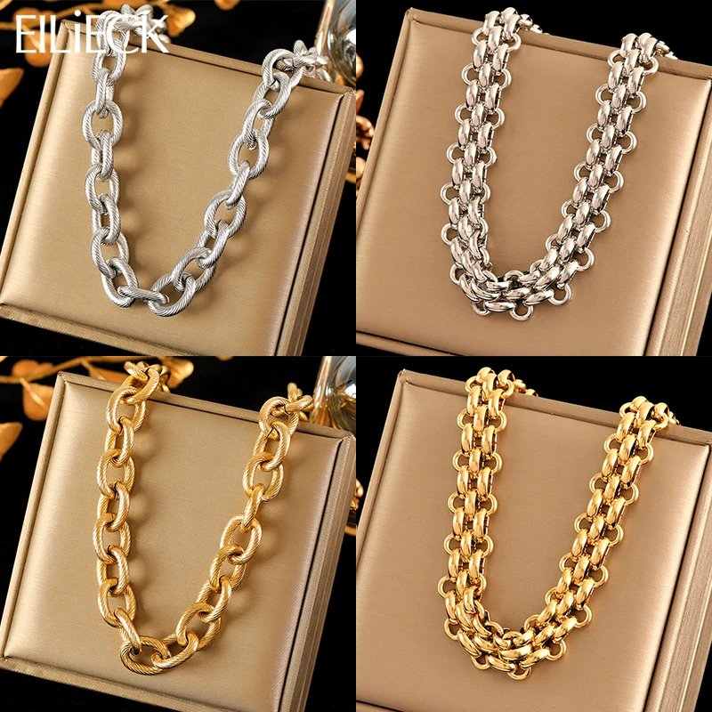 EILIECK 316L Stainless Steel Gold Silver Color Thick Chain Necklace For Women Fashion Cuban Neck Chain Waterproof Jewelry Gift-animated-img