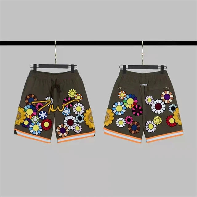 High Street Tide Brand Summer 1：1 New Readymade Men's Elastic Waist Lace-Up Shorts Women's Sunflower Embroidered Hip-Hop Pants