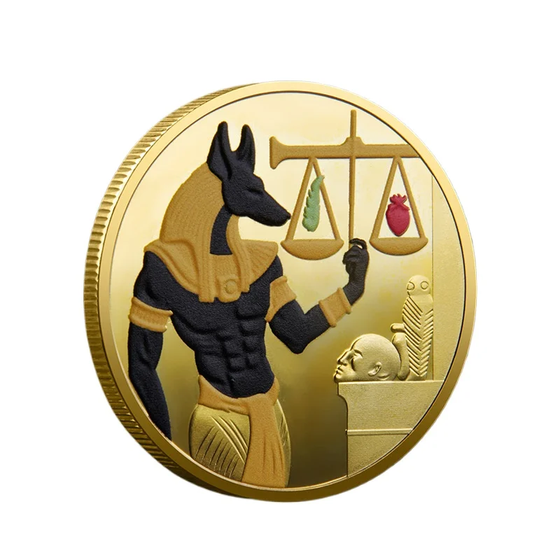 Ancient Egyptian Pharaohs Colorful Golden Plated Collectible Coin Dog Head Death Anubis Libra Commemorative Hound Coins-animated-img