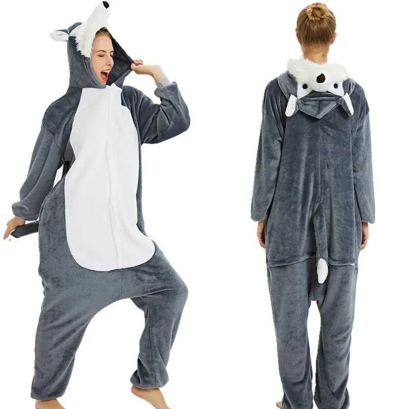 New Children Wolf Cosplay Pajamas Anime Lion Rabbit Costume Cute Jumpsuit Hooded Sleepwear Halloween for Adult Girl Boys Clothes-animated-img