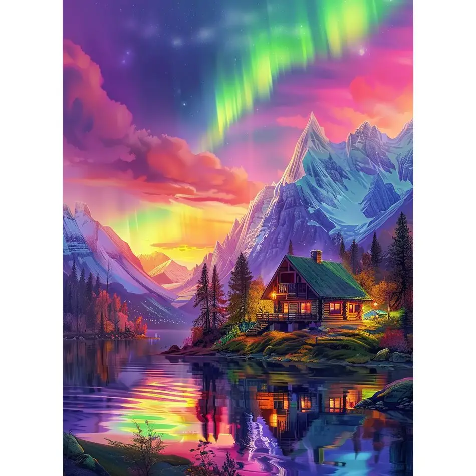 RUOPOTY DIY 5D Landscape Diamond Painting Snow Mountain Cabin Full Round/Square Aurora Embroidery Set Modern Wall Decoration-animated-img