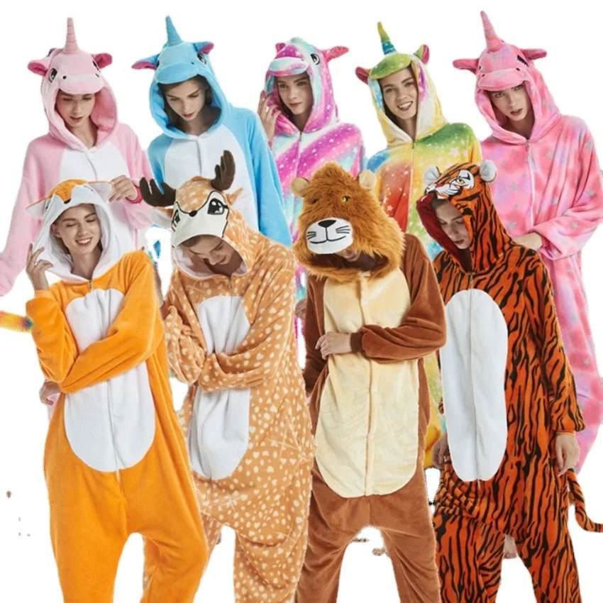 Adult Animal Onesie Kigurumi Tiger Unicorn Cat Costume Sleepwear Women Kids Winter Jumpsuit Panda Cartoon Flannel Couple Pajamas-animated-img