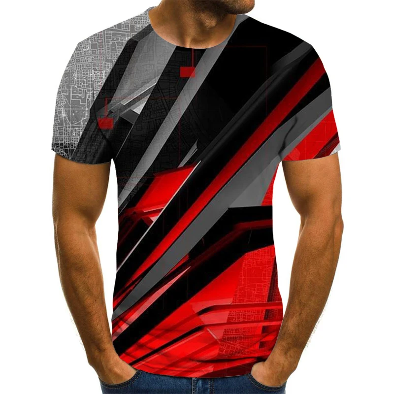 Summer Men's Stereo Plaid Striped Graphic 3D Print Round Neck Casual Fashion Short Sleeve Hip-Hop Street Oversized T-shirt Tops-animated-img