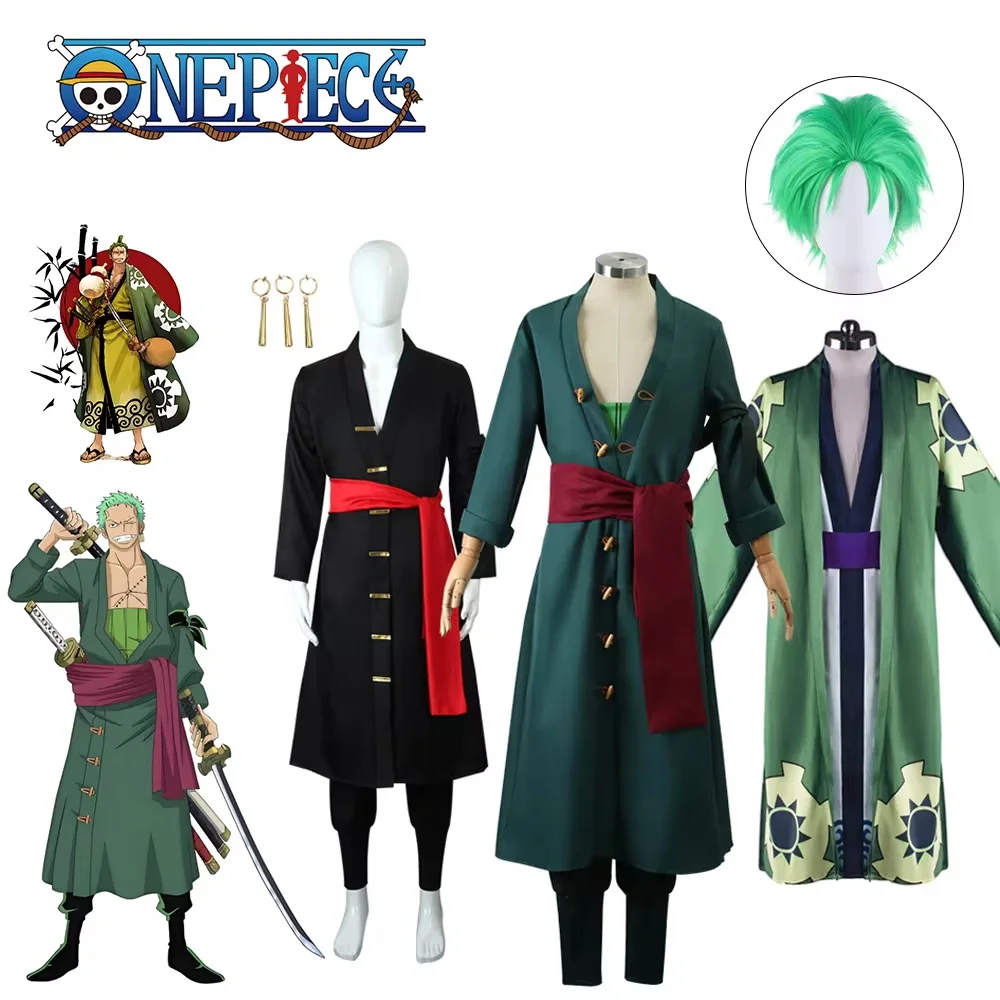 Anime Figures Roronoa Zoro Cosplay Costume Uniform Green Coat Pants Head Scarf Roronoa Zoro Wig Earrings Halloween Men Clothes-animated-img