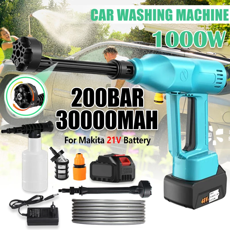 200BAR High Pressure Wireless Car Washing Machine 1000W 30000mAh Brushless  Portable Electric Water Wash Car Washer for Auto Home