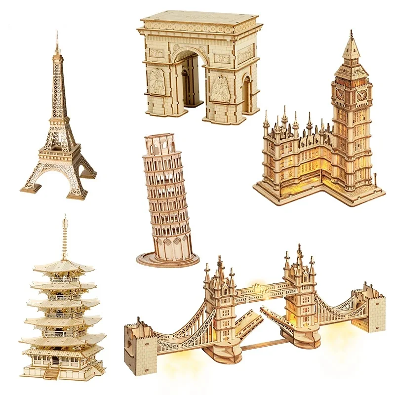 Robotime 3D Wooden Puzzle Game Big Ben Tower Bridge Pagoda Building Model Toys For Children Kids Birthday Gift-animated-img