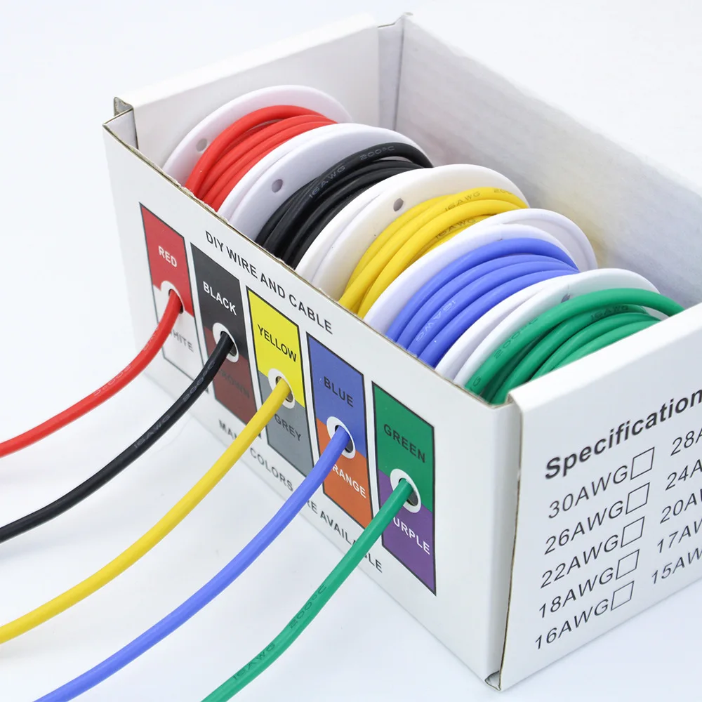 Heat Resistant Soft Silicone Wire 5 Colors in A Box Kit 30/28/26/24/22/20/18AWG Stranded Cable Electrical Tinned Copper Wire-animated-img