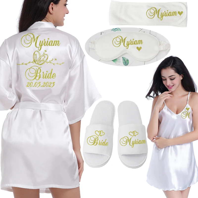 Customized Logo Wedding Date Name Bathrobe Faux Silk Bridal Robe Bride Bridesmaid Wedding Robes Woman Bachelorette Preparewear-animated-img