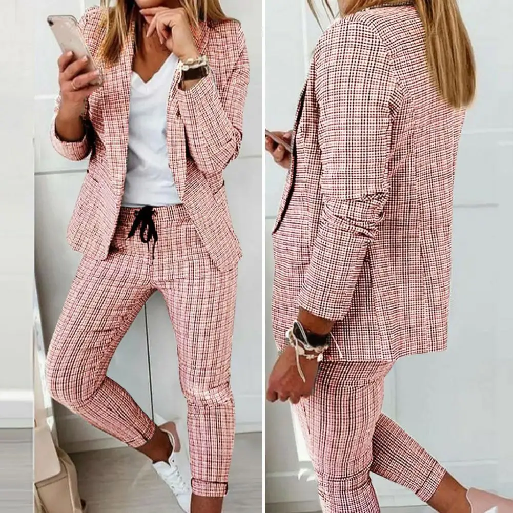 2 Pcs/Set Lady Outfit Set Trendy Two-piece Lady Jacket Trousers Suit Colors Matching Lady Outfit Set for Business Trip-animated-img
