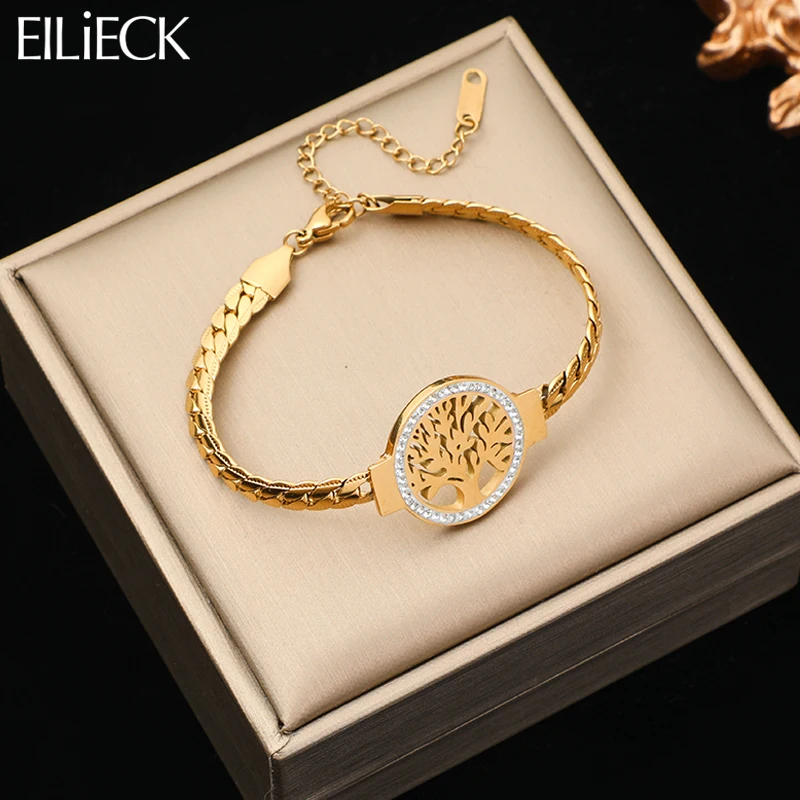 EILIECK 316L Stainless Steel Round Tree of Life Charm Bracelet For Women Men Fashion Waterproof Bangles Jewelry Birthday Gift-animated-img