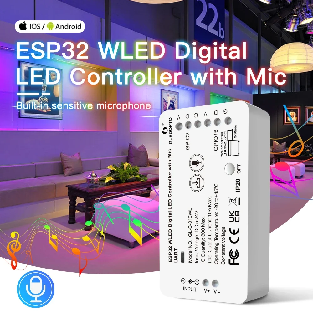 GLEDOPTO ESP32 WLED LED Controller With Mic DIY Music Dynamic Modes for WS2811 WS2812B SK6812 WS2813 WS2815 RGBIC Strip Lights-animated-img