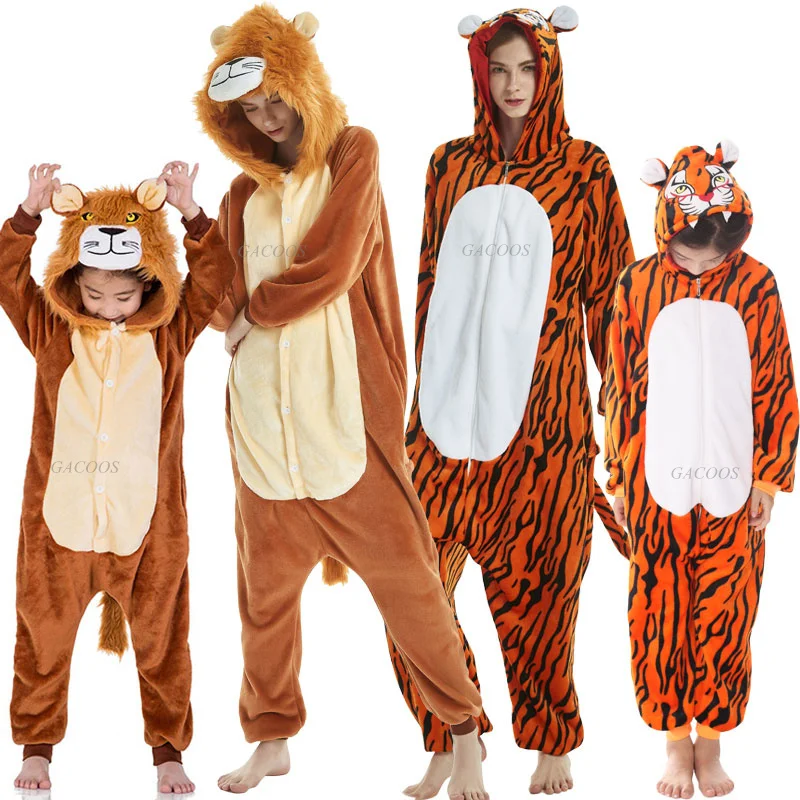 Adults Animal Onesie Kigurumi Tiger Lion Cat Costume Sleepwear Women Kids Winter Jumpsuit Panda Cartoon Flannel Couple Pajamas-animated-img