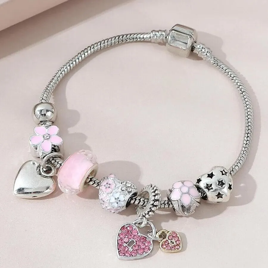 Obega Love Heart Flower Glass Pendant Charm Bracelet Classic Pink White Crystal Stone Adjustable Bead Bracelet Silver Gold Color-animated-img