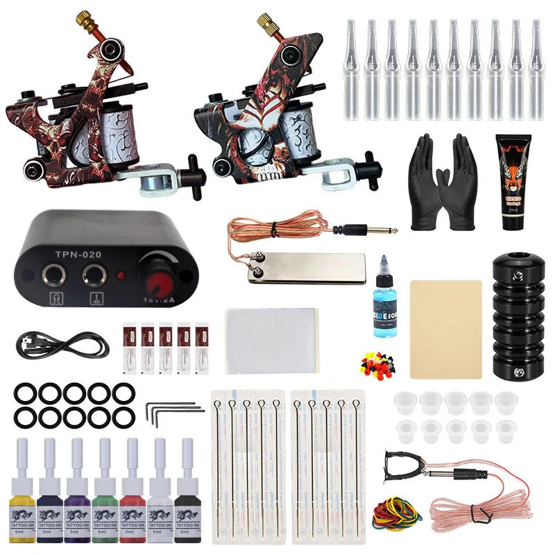 Tattoo Kit Beginner Tattoo Machine Gun with Power Supply Needles Permanent Ink Pigment Complete Tattoo Set for Tattoo Body Art-animated-img