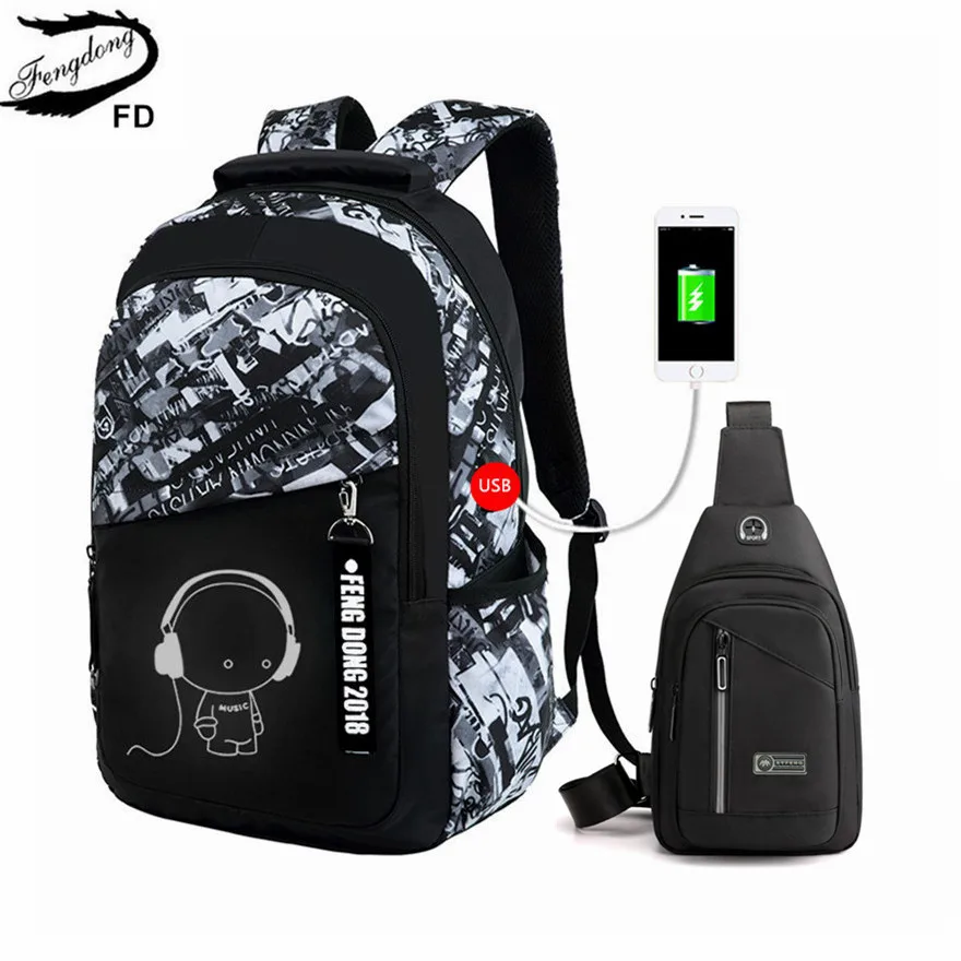 Fengdong boys school bags waterproof large backpack for teenagers bagpack high school backpack for boy student chest bag set-animated-img