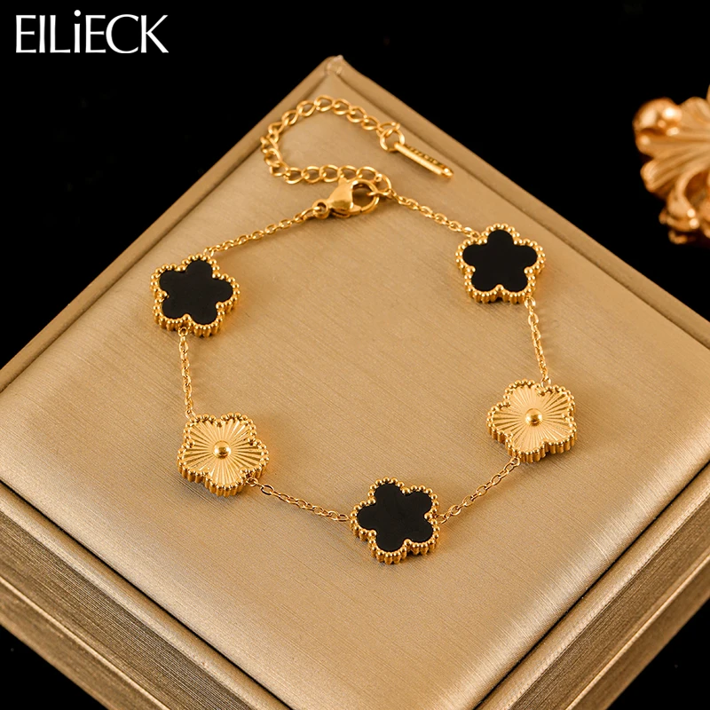 EILIECK 316L Stainless Steel Five Leaf Clover Bracelet For Women Trendy Black Flower Wrist Chain Gold Color Jewelry Holiday Gift-animated-img