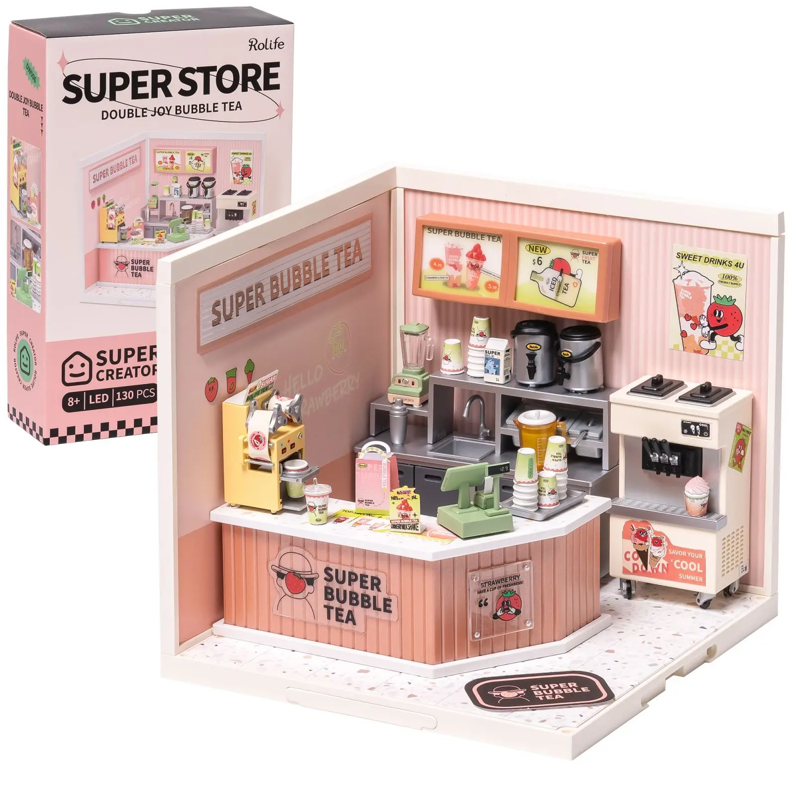 Robotime Super Store Dollhouse Model DIY Miniature House Craft Kits 130 Pieces for Adults Teen-Double Joy Bubble Tea-animated-img